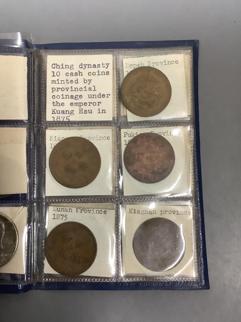 A Kennedy 1964 half dollar and a small collection of Chinese bronze 'cash' and other coins, Kangxi and later (21 in total)